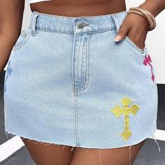 Blue - Women Skirts Shein Plus Denim Mini Skirt Sexy Colorful Cross Pattern Frayed Hem Blue