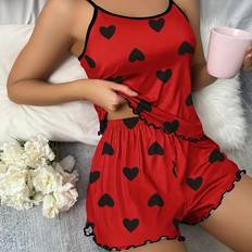 Red Sleepwear Shein Women Sleepwear Set Spaghetti Strap Backless Top And Heart Print Shorts