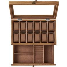 Songmics Box with 12 Slots, 2-Tier Wood Case with Large Glass Lid