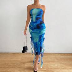 Short Dresses - Tie Dye Shein Womens Tie Dye Strapless Dress With Ruffle Hem Slim Fit Vacation Outfit