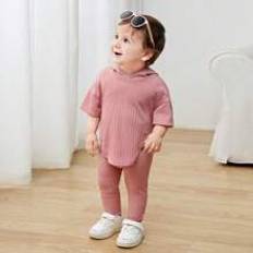 M Övriga sets Shein Cute And Simple Knitted Solid Color Short Sleeve Hooded Top And Elastic Waist Long Pants Set For Baby Girls