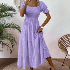 Knälånga klänningar - Lila Shein Women's Fashionable Solid Color A-Line Flared Puff Sleeve Dress