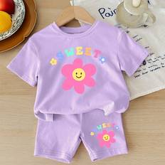 18-24M Other Sets Children's Clothing Shein Baby Girl Casual Simple Flower Pattern Short Sleeve Top And Shorts Set Suitable For Summer