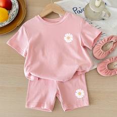 Cheap Other Sets Children's Clothing Shein Baby Girl Casual Simple Flower Pattern Short Sleeve TShirt And Shorts Set Suitable For Summer