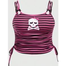 Multicolored Tank Tops Shein Plus Womens Black Pink Striped Skull Embroidery Tank Top Kawaii Style