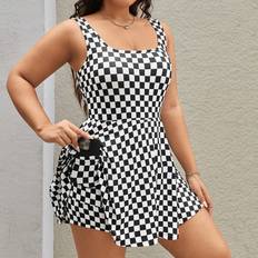 Black - Yoga Dresses Shein Womens Plus Black And White Checkerboard Pattern Vest Dress Suitable For Summer Autumn Back To School Campus Activities Outdoor Sports Indoor Yog