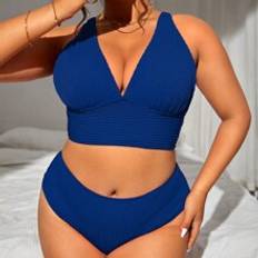 Blåa Bikiniset Shein Plus Women Solid Color Deep V-Neck Sexy Bikini Set For Holiday Beachwear,Summer Beach