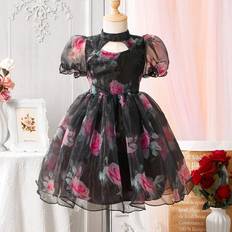 Boys Dresses Children's Clothing Shein Young Girl Floral Print Cutout Mock Neck Puff Sleeve Mesh Dress