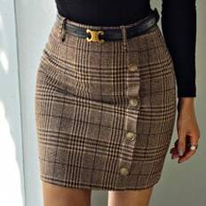 Multicoloured Skirts Shein Plaid Fake Button Wool-Mix Fabric Skirt Without Belt