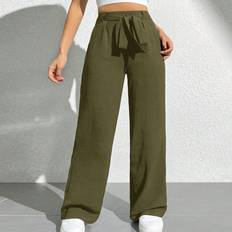 Women - Wool Trousers Shein Solid Color Belted Wide Leg Pants Long