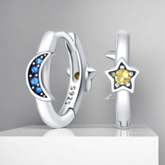 Shein Pair Of 925 Silver Sparkling Star And Moon Misaligned Earrings Suitable For Women Daily Wear Birthday Gift Jewelry Women Gifts Valentine's