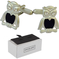 Silver Plated Cufflinks Onyx Barn owl bird cufflinks crystal eyes in gift box ck47