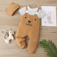 Shein Baby Boy Ear Design Stripe And Cartoon Graphic Jumpsuit With Hat