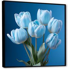 Design Art Azure Blue Tulips Bloom IV Black Framed Art 16x16"