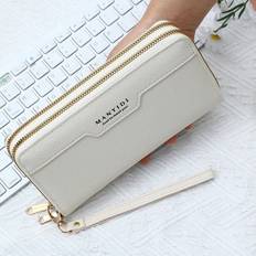 Wallets & Key Holders Shein Double Zipper PU Leather Wallet With Wrist Strap Letter Print Solid Color And Long Phone Pocket