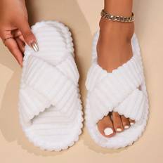 White - Women Slippers Shein Women Cross Strap Open Toe Indoor Slippers Four Seasons Comfortable And Fashionable SlipOn Fluffy White Corduroy Slippers For Bedroom And Couples Ladi