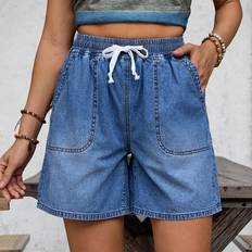 Blue Shorts Shein Drawstring Waist Slant Pocket Denim Shorts