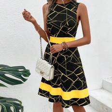 A-Line Dresses - Black Shein Geo Print ALine Dress Black Dress