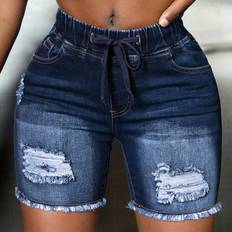 Shein Shorts Shein Drawstring Waist Ripped Raw Hem Denim Shorts