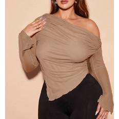 Mesh T-shirts Shein OffShoulder Brown Mesh LongSleeved TShirt