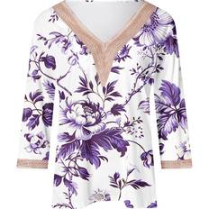 Bsdjilfg Floral Print V Neck Lace Tops - Purple