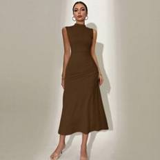 Brown - Knee Length Dresses Shein Fashionable Stand Collar Solid Color Sleeveless Women's Dress