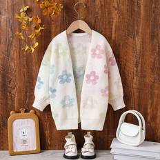 Wool Tops Children's Clothing Shein Girls Stylish Casual Floral Printed Long Knitted Cardigan Comfy Versatile Suitable For Daily Wear Party Autumn Winter