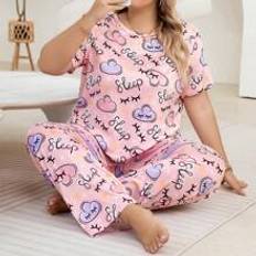 Multicoloured - Women Sleepwear Shein Women's Plus Pink Round Neck Cloud Print Pajama Set