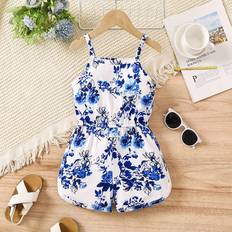 Shein Young Girl Floral Printed Cinching Waist Romper For Vacation And Leisure