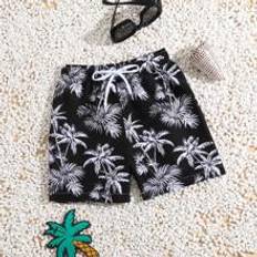 White Swim Shorts Children's Clothing Shein Young Boys' Coconut Tree Printed White Beach Shorts For Playing And Swimming On Beach