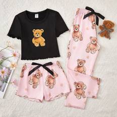 Dinosaurs Other Sets Children's Clothing Shein New Young Girls Cute Plush Bear Printed Pants Shorts With Short Sleeve Tee Pieces Casual Home Wear Set