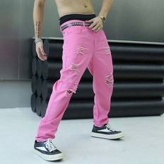 Men - Pink Jeans Shein Mens Pocketed Distressed StraightLeg Casual Pink Jeans