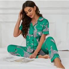 Leopard - Women Sleepwear Shein Leopard Print Womens Pajama Set Featuring TurnDown Collar ShortSleeve Top And Loose Fit Pants Leisure Womens Sleepwear And Lounge Wear