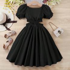 High Collar Dresses Children's Clothing Shein Teen Girl Solid Color Square Neck Short Puff Sleeve Hollow Out Waist Holiday Dress For Summer