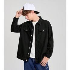 Shein Teen Boy Casual Fashionable Soft And Comfortable Mix Cool Black Simple Basic Denim Long Sleeve Jacket For Dailywear And Back To School Boys Clothes