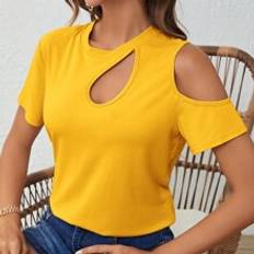 Yellow Tops Shein Womens Solid Color Hollow Out Short Sleeve TShirt