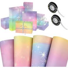 Gift Wrapping Papers KARBAG 8 Sheets Rainbow Gradient Gift Wrapping Paper, Gift Wrapping Paper Rainbow Star Sky Pink Wedding Wrapping Paper w/ 2 Rolls 5M Glitter Silver Ribbon