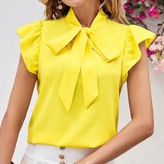 Women - Yellow Blouses Shein Womens Summer Elegant Bowknot Strap Flutter Sleeve Yellow Blouse