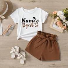 Girls - Yellow Other Sets Shein Young Girl's Summer Slogan Printed Short Sleeve T-Shirt And Paper Bag Waist Shorts Casual Outfit