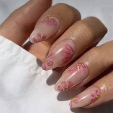 Pink False Nails Shein pcs Summer Bloom AlmondShaped PressOn Nails With Petals Golden Hearts