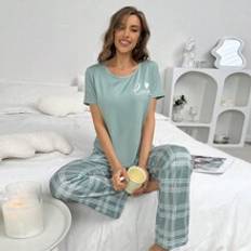 Dam - Gröna Pyjamasar Shein Ladies' Summer Short Sleeve Love Letter Print T-Shirt And Plaid Shorts Pajamas Set For Leisure