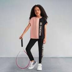 Multifärgade Övriga sets Barnkläder Shein Knitted Color Block Letter & Print Pattern Short Sleeve T-Shirt And Long Pants Sporty Outfit For Tween Girls