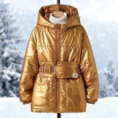 Gold Jackets Children's Clothing Shein Tween Girls Windproof And Warm Gold Long Sleeve Hooded Jacket With Waist Bag