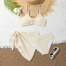 Beige Bikinis Barnkläder Shein Tween Girl Holiday Solid Color Bikini Set With Circular Links, Matching Cover Up Skirt, 3pcs