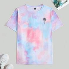 Shein Men Summer Sports Leisure Tie-Dye Coconut Tree Printed Round Neck Short Sleeve T-Shirt