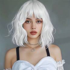 Shein White Short Curly Wigs With Bangs Synthetic Heat Resistant Wig Girl Daily Party Cosplay Halloween