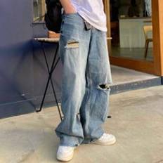 Shein Men Straight-Leg Jeans With Ripped Design And Pockets, Suitable For All Seasons