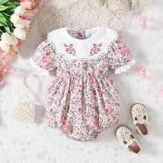 Florals Bodysuits Children's Clothing Shein Baby Girl Casual Floral Printed Embroidered Detail Bodysuit For Summer