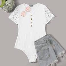 Shein Hvid Undertøj Shein Button Front Lace Trim Ribknit Bodysuit White L,M,S,XL,XS,XXL,XXS,XXXL