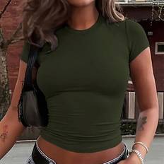 Shein Womens Summer Solid Color Round Neck Short Sleeve Cropped Casual TShirt